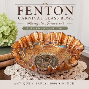 Antique Fenton Carnival Glass Bowl Marigold Iridescent Ruffled 9 Inch Vintage